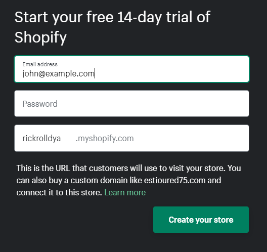 Shopify sign up